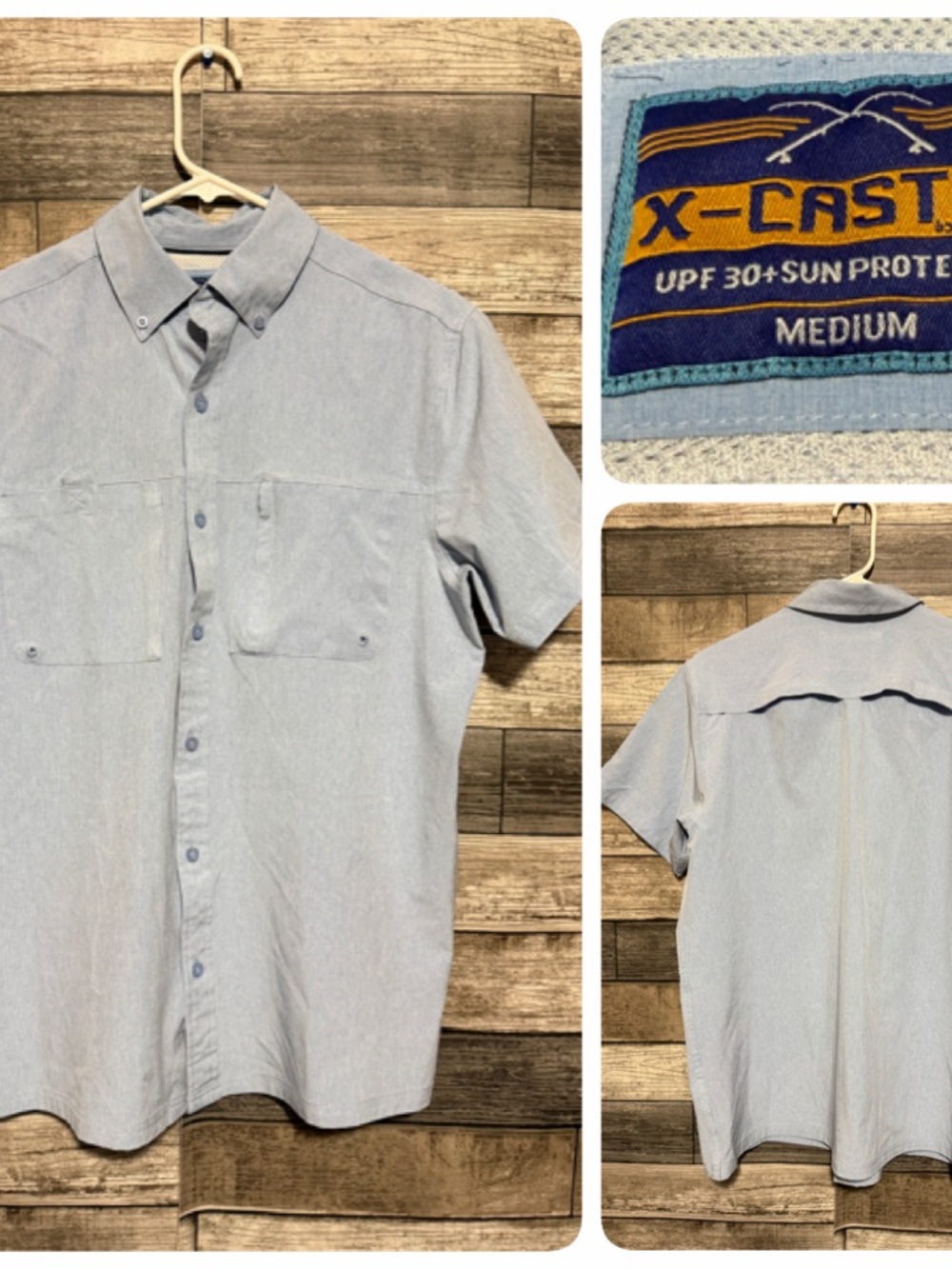 X-Caster Short Sleeve Button Up Shirt Men’s M Blue Vented Hiking Fishing Upf 30+